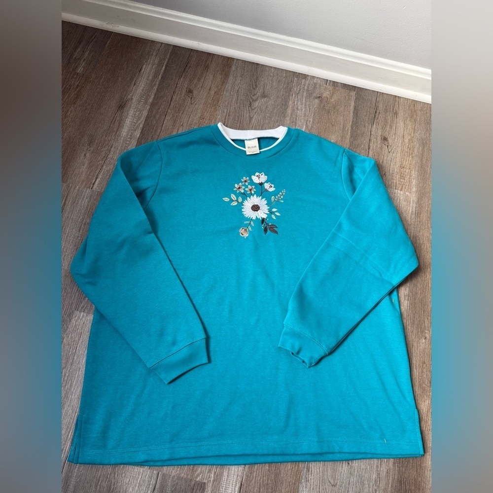 VTG Blair Floral Embroidered Sweatshirt Hippie Boho Teal Blue White Size 2XL